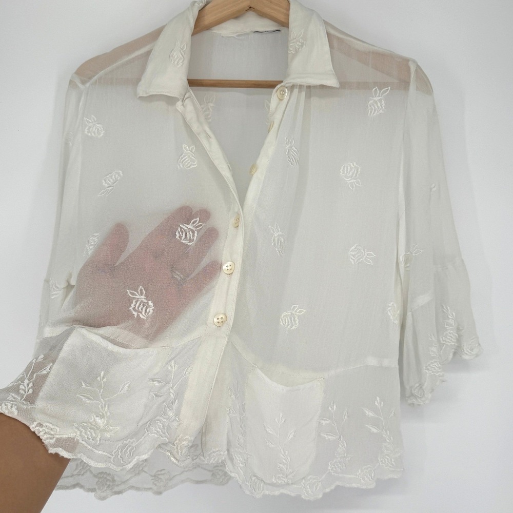 Sheer Floral Embroidered Top XS Ivory Cottagecore Coquette Boho Dainty Layering - Picture 4 of 12